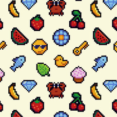 Fototapeta premium Retro Pixel Art Seamless Pattern. 70s-90s Arcade Nostalgia with Cute Smiles, Fruits, Ice Cream, and Game Over Motifs. 8-Bit Pink Hearts, Stars and Console Design. Decorative Background.