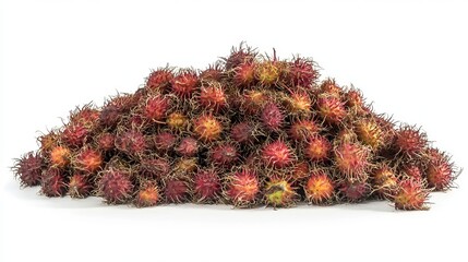 Fototapeta premium A large pile of rambutan fruits with red and yellow hues on a white background studio shot image