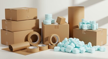 Packaging supplies including cardboard boxes, packing tape, and cushioning materials arranged for transportation or storage