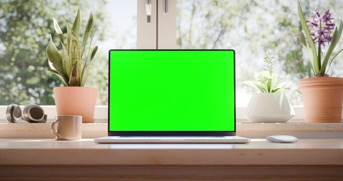 Modern laptop open animation with green screen and smooth zoom-out. Set on a bright desk. Ideal for chroma key. Includes luma matte, tracking clip. last 120 frames of clip are seamless loop.