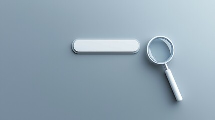 Minimalist white search bar with magnifying glass icon on clean gray background, copy space for text. Modern web design, user interface, digital technology and online search concept.