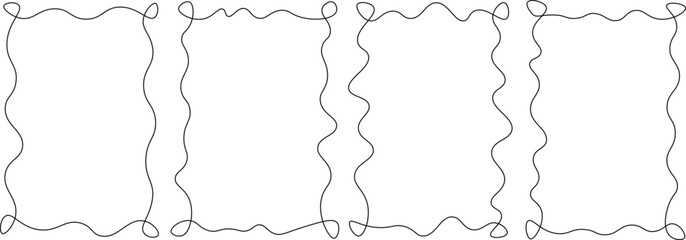 Wavy squiggle curly frames. Wavy edge rectangle frames and circle frames. wiggly border set for present card, gift card, poster, web. Set of elegant whimsical hand-drawn wiggle frames