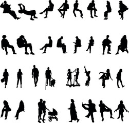 Plakat Set of 32 people silhouettes — walking, sitting, dancing, and posing. People in various poses, including sitting, leaning, walking, running, and engaging.