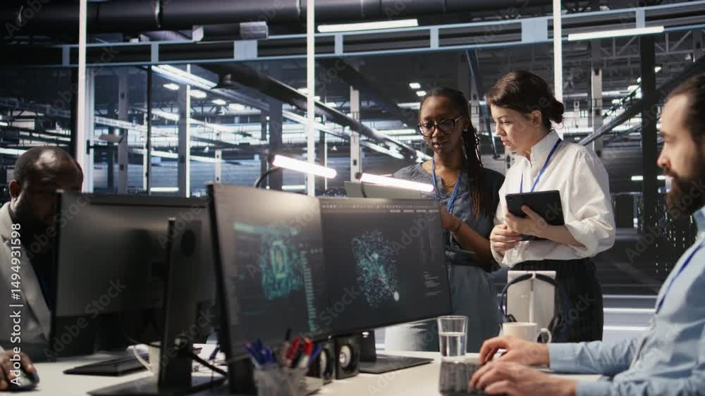 Poster software developers working together in server farm, reviewing neural network code and llm visualiza