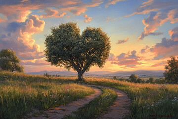 Romantic sunset illuminating a heart-shaped tree in a golden field landscape