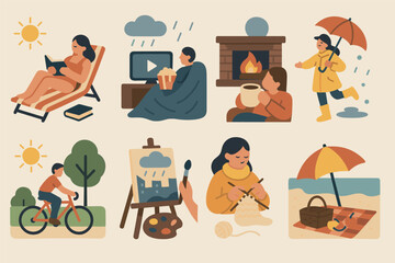 Cozy living linear icons set – outline, home, indoor activity symbols