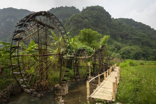 Bamboo wheels use as irrigation tool in traditional agriculture of rural Vietnam in Pu Luong area