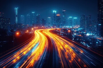 Obraz premium Nighttime cityscape showcasing illuminated highways and skyscrapers under a starry sky in a bustling urban environment