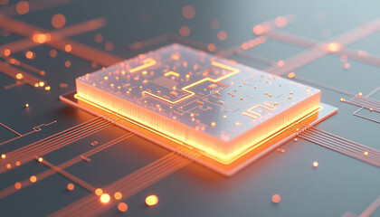 A compact processor module emits a warm orange light atop a detailed circuit board under studio lighting.