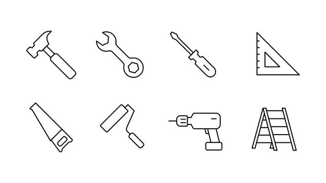 Animated construction tools related icons. Power and hand tools line animation library. Home improvement tools icon.