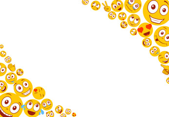 Funny emoji background with empty blank space for text. Frame with cartoon colourful faces. Happy, surprise and naughty emotion isolated on white. Vector
