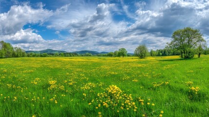 Fototapeta premium Panoramic view of a green meadow with dense yellow cattails under blue sky and distant trees, fresh spring landscape with golden sunlight and vibrant natural hues.