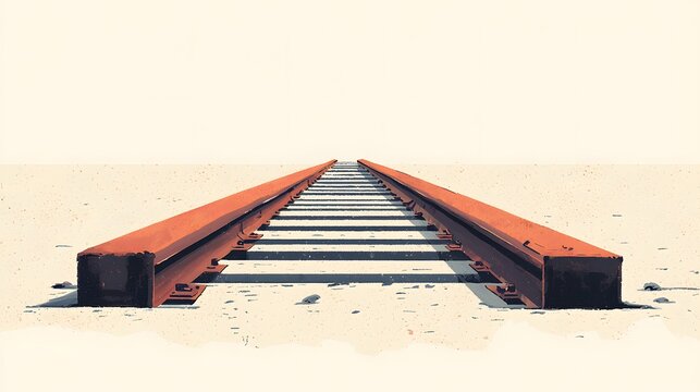 Rust-colored railway tracks stretch toward the horizon under a bright, neutral sky, suggesting a sense of distance and the journey ahead on bare land plains.