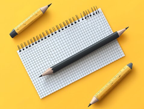 A blank grid paper notebook with a spiral binding sits on a yellow surface, surrounded by unique oversized pencils ready for sketching or writing ideas down.