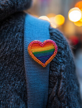 Rainbow heart pin on a knitted sweater, symbolizing pride and love.