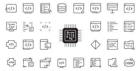 Set of Minimalistic Line Icons Representing Coding, Programming, Databases, and Technology. Featuring Circuit, Code Tags, and Hardware Components in a Clean, Modern Style.