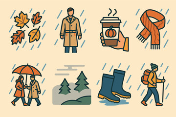 Autumn and rain outline icons set – line, weather, seasonal symbols for fall