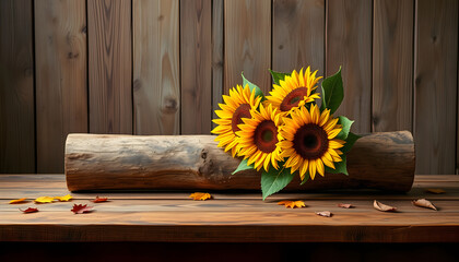 Stylish hollow log with vibrant sunflower arrangement on rustic wooden table for autumn-themed design mockups, isometry. isolated with white highlights