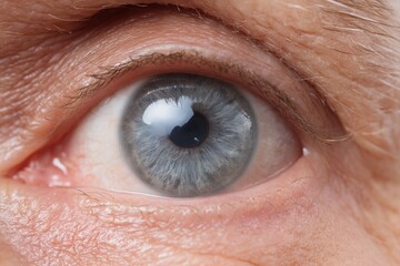 Fototapeta premium Close-up image showcasing a human eye, the iris is a mix of grey and blue. Fine details of skin and eyelashes are also visible.
