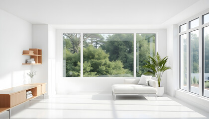 Bright white living room interior featuring a stylish shelf and open space with a sweeping panoramic window, close-up. isolated with white highlights
