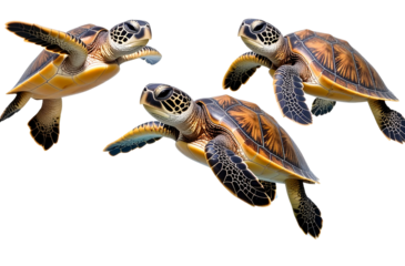 3 realistic baby turtles jumping into the water, transparent background 