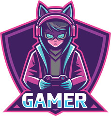Illustration of a gamer with cat ears wearing headphones holding a controller in front of a shield logo