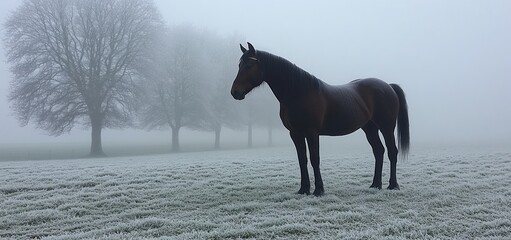 Solitary Horse in a Misty Winter Field