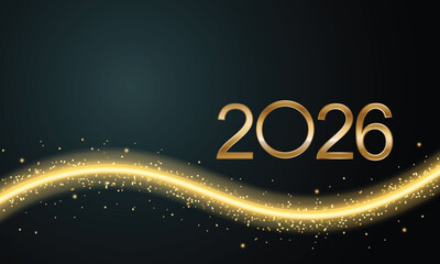 2026 Glittering New Year Card, Festive Sparkling Gold Background, Horizontal banner