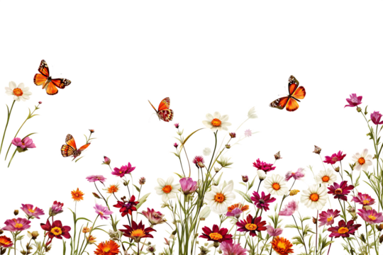 A colorful vector illustration of pink flowers and butterflies isolated on a white background PNG - Powered by Adobe