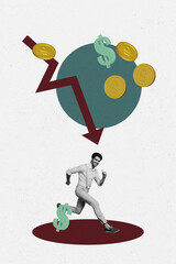 Pop art image collage of inexperienced businesswoman businessman stand arrow decline dollar loss...