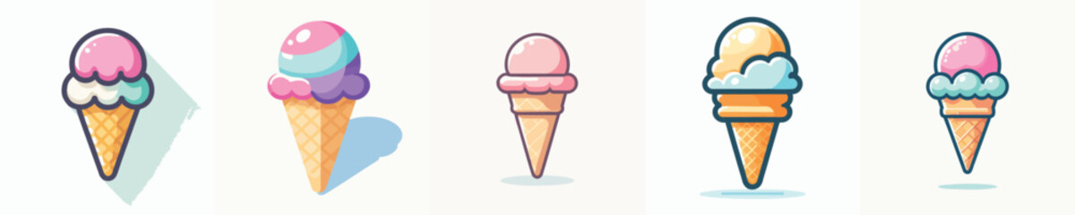 Cute Ice Cream Cone Vector Set – Flat Design Pastel Style for Summer, Dessert, and Food Illustrations