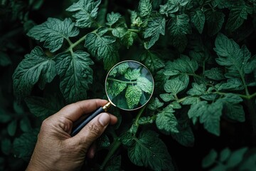 Hands holding tomato leaf under magnifier
