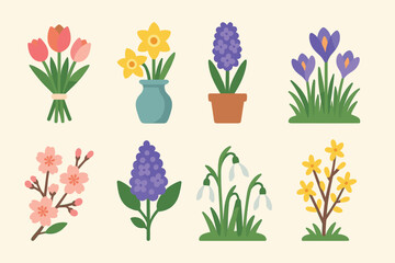 Spring flowers flat icons set – blooming, garden, nature elements