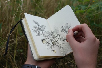 Hand-sketching infected tomato leaf in field journal