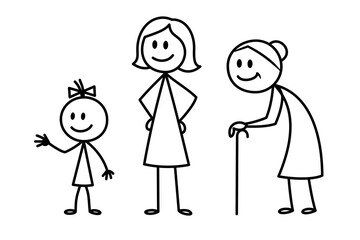 Doodle drawing of three generations: girl, woman and elderly lady. Simple sketch illustration about life stages and family.