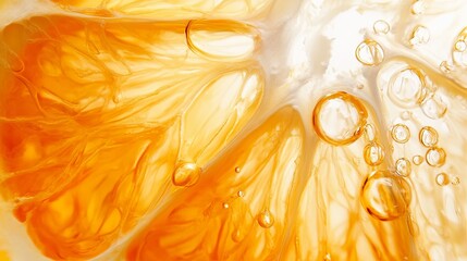 Close up of a vibrant orange citrus slice with glistening bubbles and a bright, juicy appearance