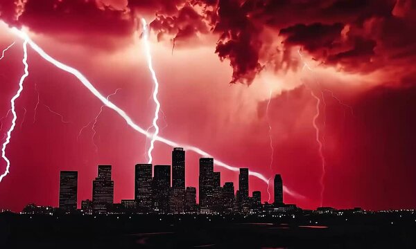 City skyline during powerful thunderstorm