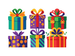 Collection of six colorful gift boxes with bows for holidays
