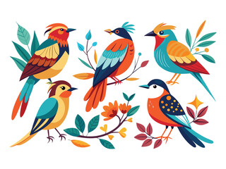 Obraz premium Five colorful birds with floral elements illustration