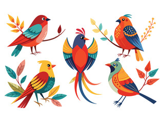 Fototapeta premium Collection of five colorful birds on branches with leaves 