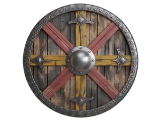 Detailed render of a vintage viking wooden shield with metal accents against a black background
