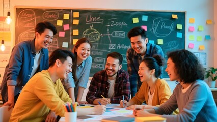a group of diverse people sitting around a table in a vibrant and creative office environment, having a collaborative meeting, brainstorming ideas, with sticky notes and whiteboards in the background,