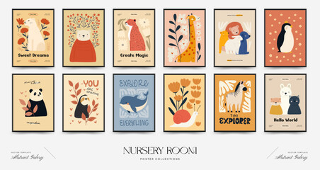 Fototapeta premium Abstract Childrens Room posters template. Modern trendy Kids minimal style. Hand drawn design for wallpaper, wall decor, print, postcard, cover, template, banner.