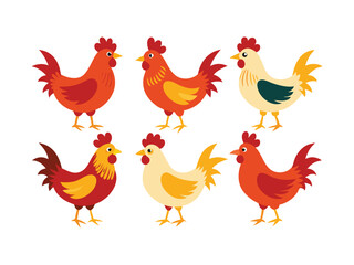 Six colorful cartoon roosters and hens farm animal illustration

