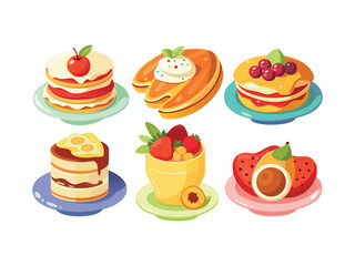 Six delicious dessert illustrations featuring cakes pancakes and fruit

