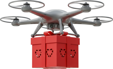 Drone Delivery Service Modern Quadcopter Transporting Gift Box with Hearts
