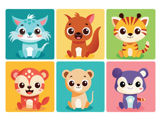 Fototapeta premium Adorable cartoon animals collection six cute baby animals sitting 