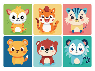 Fototapeta premium Six adorable cartoon animals sitting on colorful squares 
