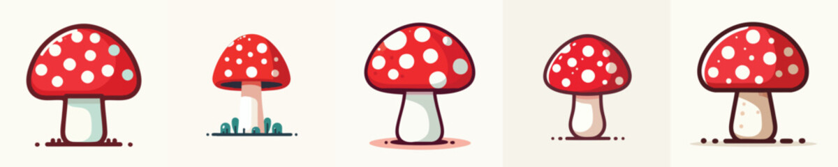 Cute Red Toadstool Mushrooms Clipart – Flat Cartoon Vector Isolated on White Background