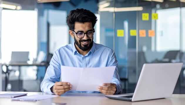 Businessman reviewing documents in modern office setting.